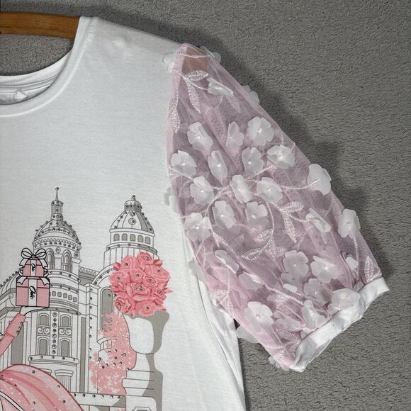 Love and Lace Women’s Size M Parisian Graphic T-Shirt Pink Puff Organza‎ Sleeves - Picture 6 of 14